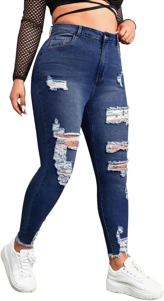 ALLABREVE Womens Plus Size Skinny Jeans Stretchy High Waisted Ankle Jean Ripped Slim Fit Washed Denim Distressed Tight Jean