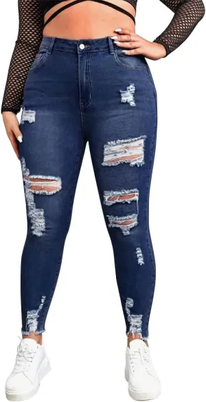 ALLABREVE Womens Plus Size Skinny Jeans Stretchy High Waisted Ankle Jean Ripped Slim Fit Washed Denim Distressed Tight Jean