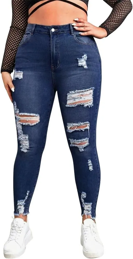 ALLABREVE Womens Plus Size Skinny Jeans Stretchy High Waisted Ankle Jean Ripped Slim Fit Washed Denim Distressed Tight Jean