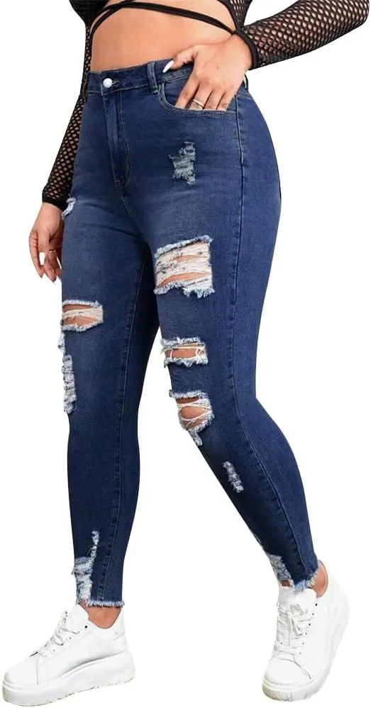 ALLABREVE Womens Plus Size Skinny Jeans Stretchy High Waisted Ankle Jean Ripped Slim Fit Washed Denim Distressed Tight Jean