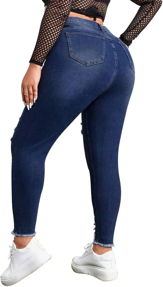 ALLABREVE Womens Plus Size Skinny Jeans Stretchy High Waisted Ankle Jean Ripped Slim Fit Washed Denim Distressed Tight Jean