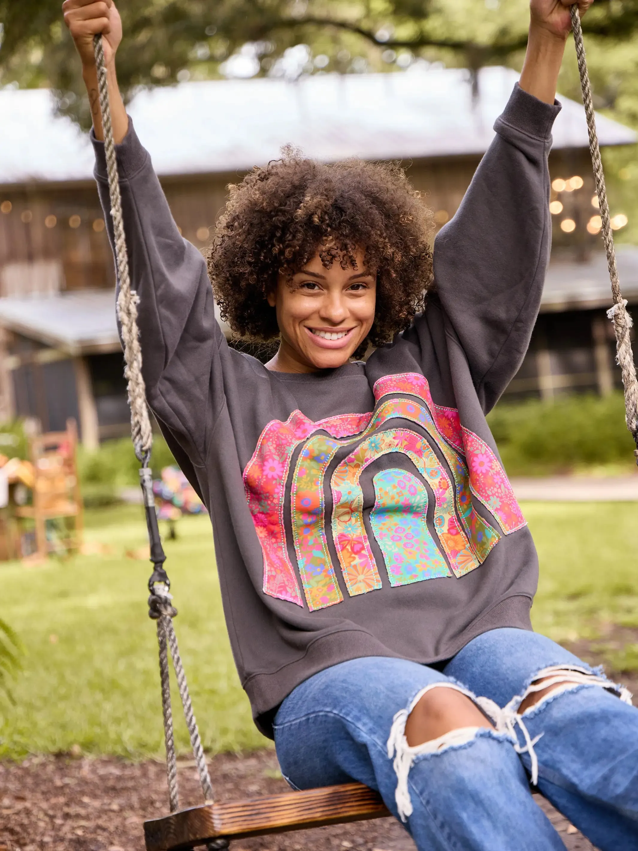 Applique Crewneck Sweatshirt - Charcoal Rainbow