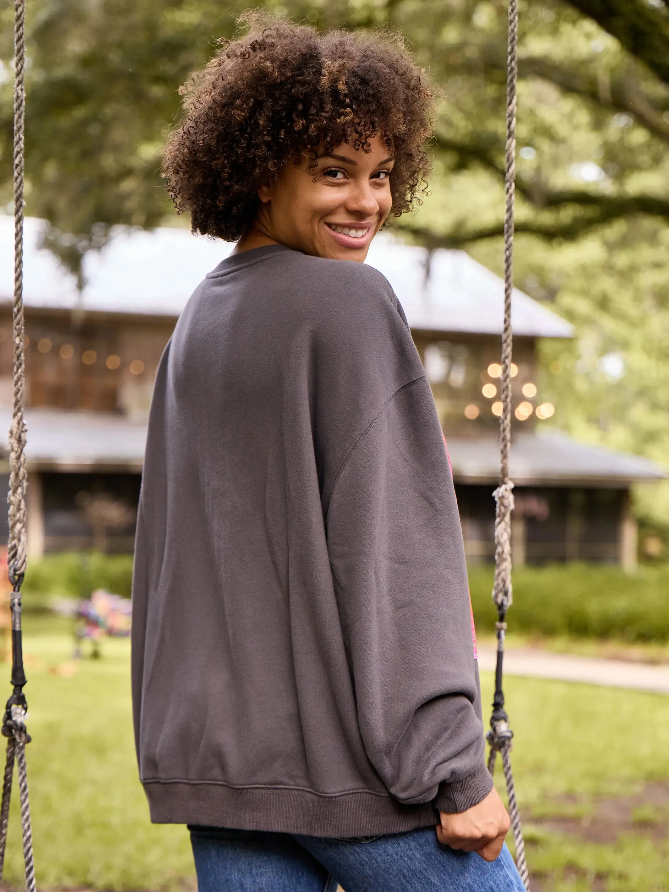 Applique Crewneck Sweatshirt - Charcoal Rainbow