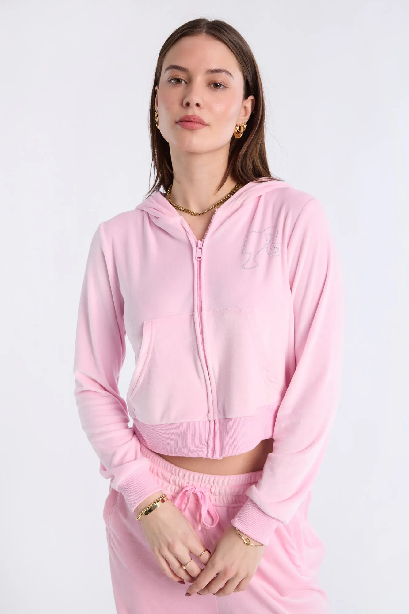 Barbie Rhinestuds Velour Zip-Up Hoodie And Sweatpants 2-Piece Set