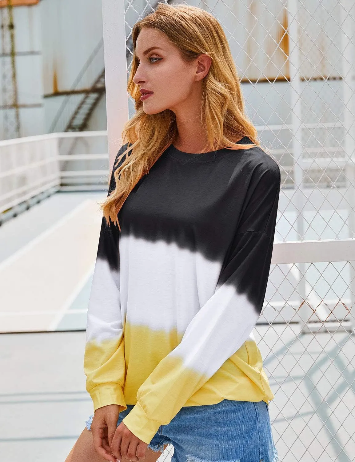 Dresswel Women's Oversized Crew Neck Tie Dye Sweatshirts with No Hood Plus Size Casual Color Block Long Sleeve Pullover Tops