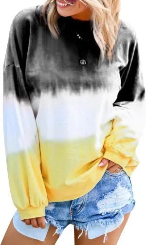 Dresswel Women's Oversized Crew Neck Tie Dye Sweatshirts with No Hood Plus Size Casual Color Block Long Sleeve Pullover Tops