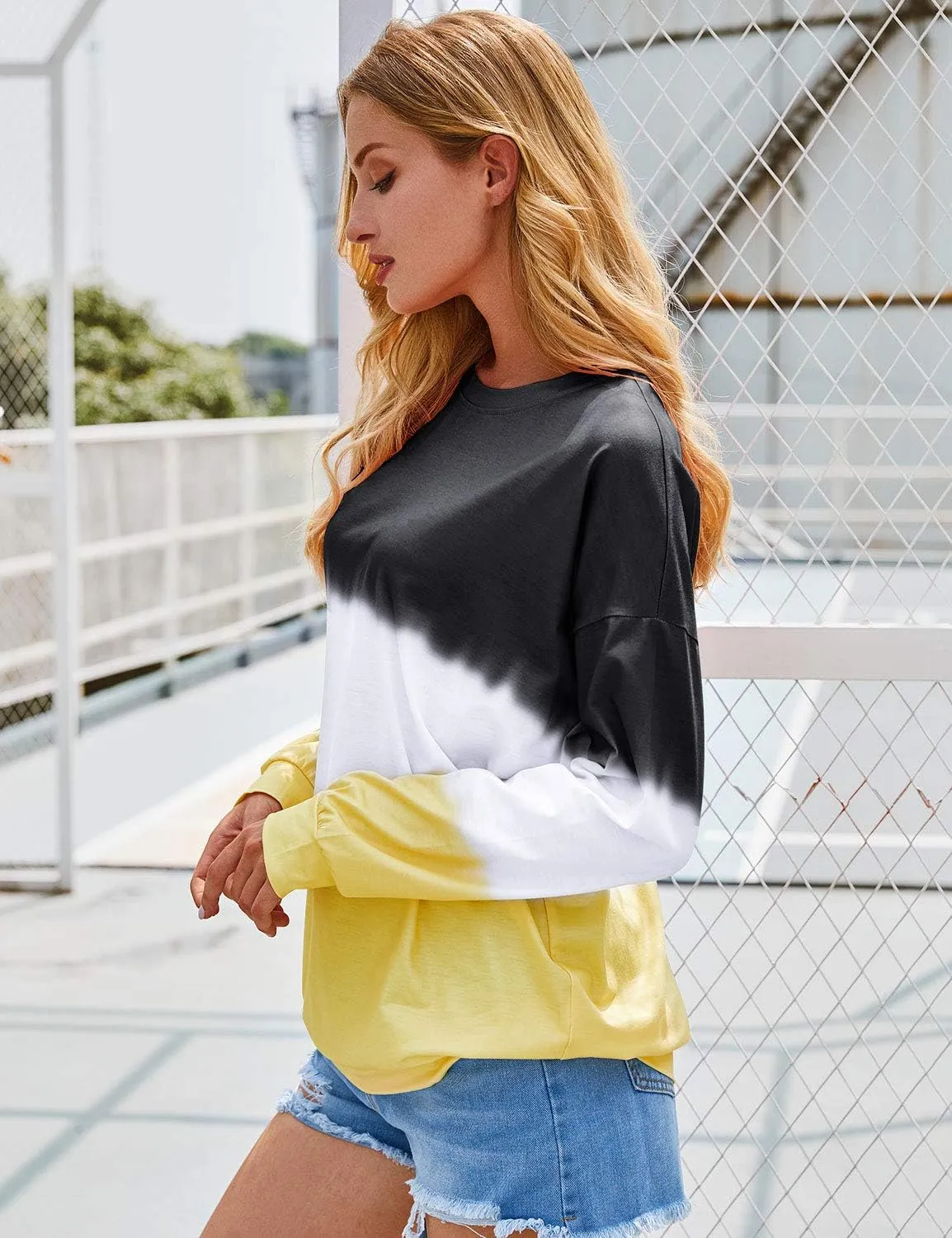 Dresswel Women's Oversized Crew Neck Tie Dye Sweatshirts with No Hood Plus Size Casual Color Block Long Sleeve Pullover Tops