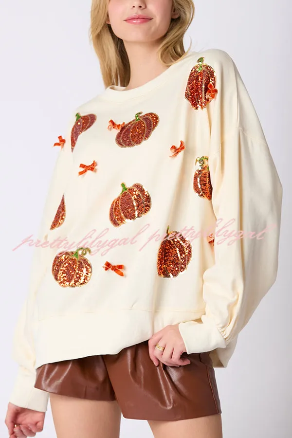 Halloween Colorful Pumpkin Embroidered Loose Casual Sweatshirt