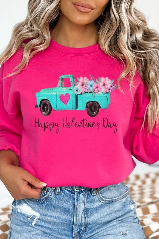 Happy Valentine's Day Pink Heart Truck Sweatshirt