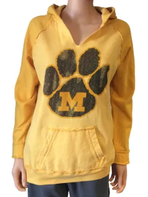 Missouri Tigers Retro Brand Yellow Womens Vintage Paw Print Slit Neck Hoodie