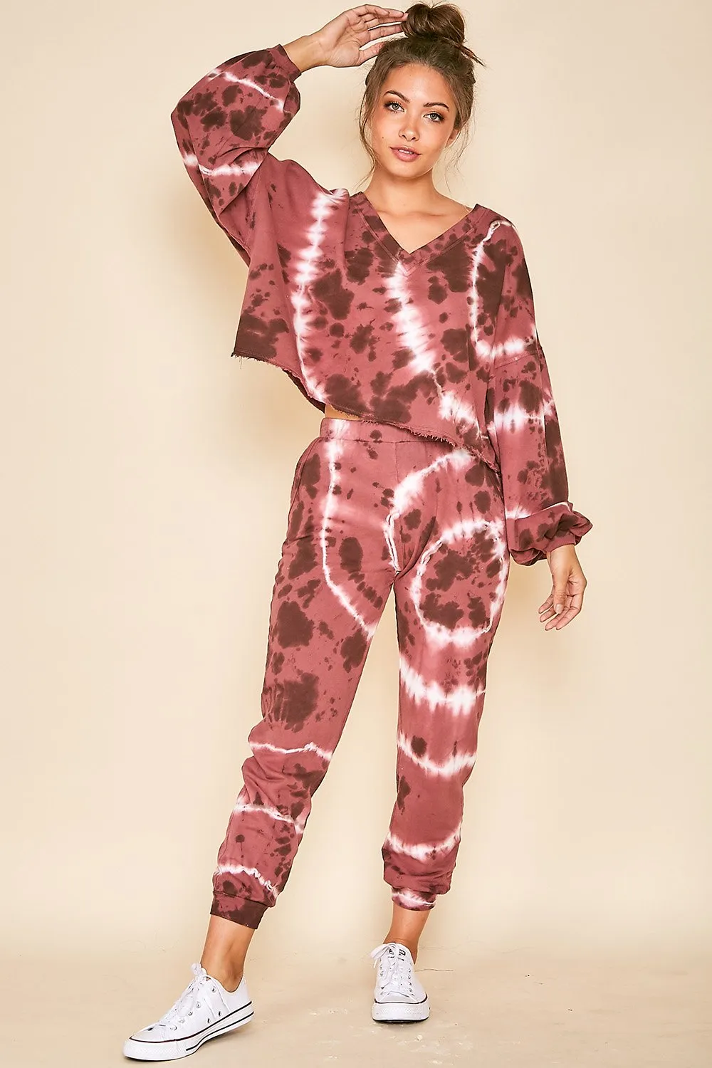 Peach Love Marsala Tie Dye Jogger Top