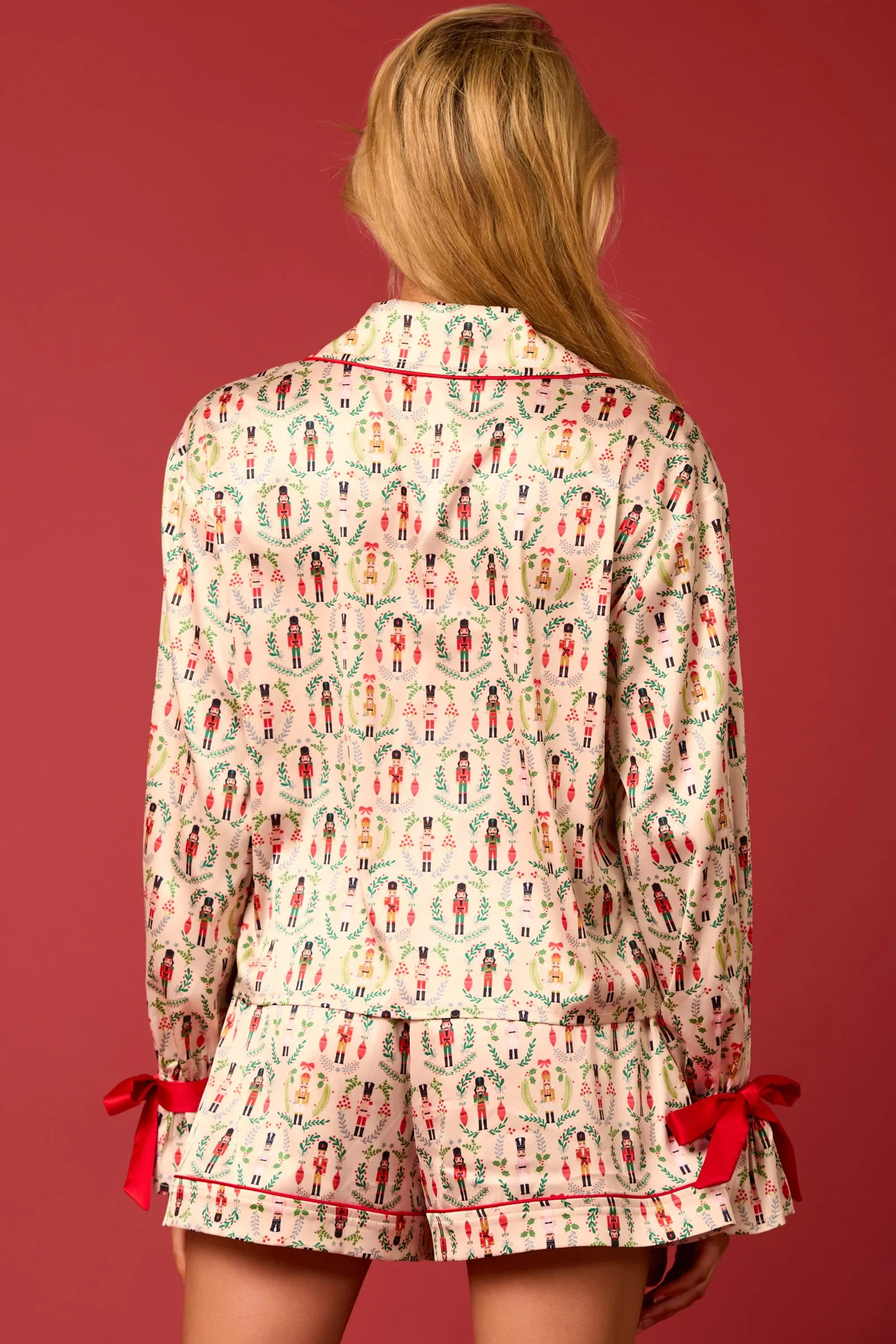 Peach Love Satin Nutcracker Red Bow Pajama Short Set
