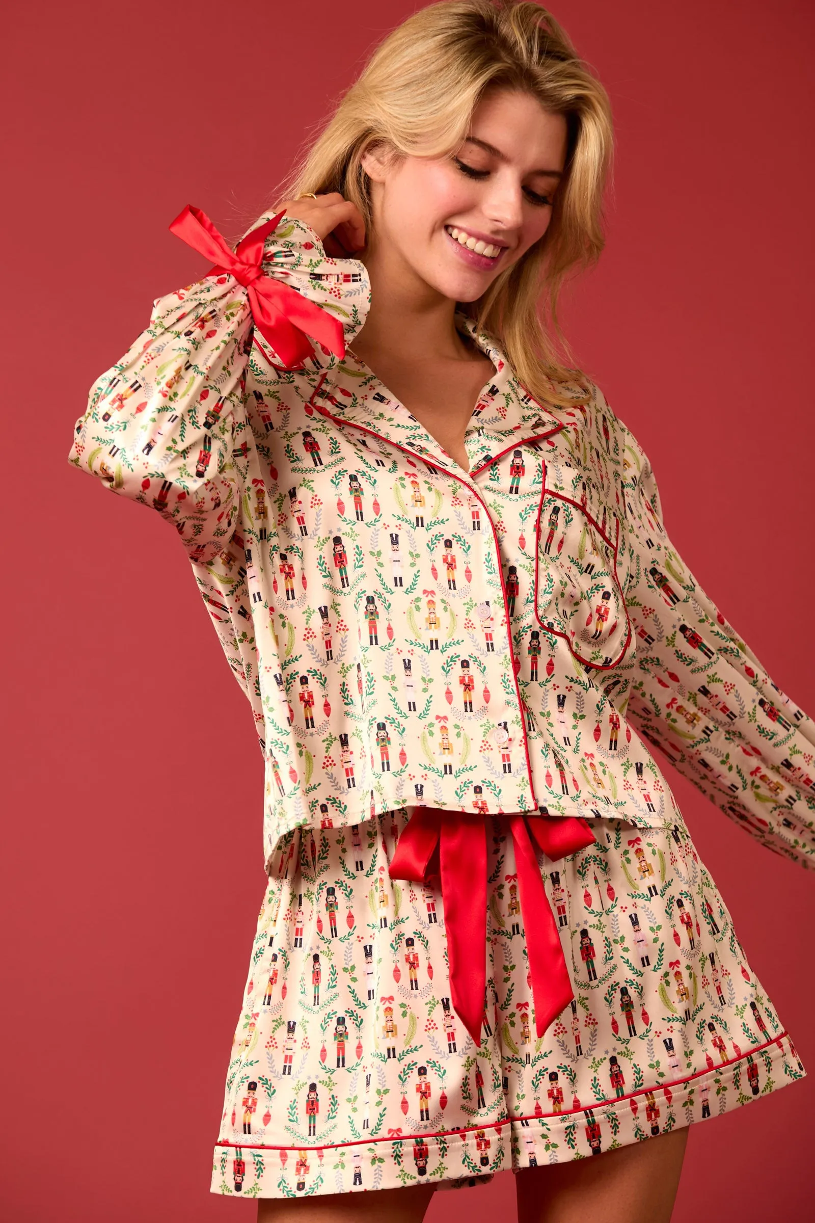 Peach Love Satin Nutcracker Red Bow Pajama Short Set