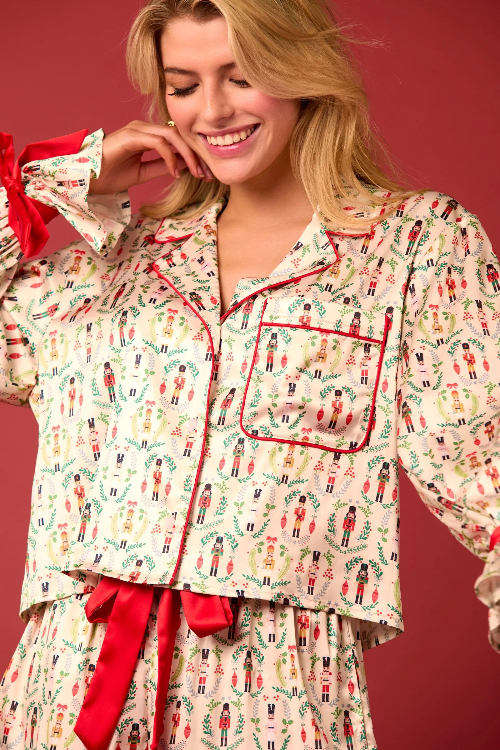 Peach Love Satin Nutcracker Red Bow Pajama Short Set