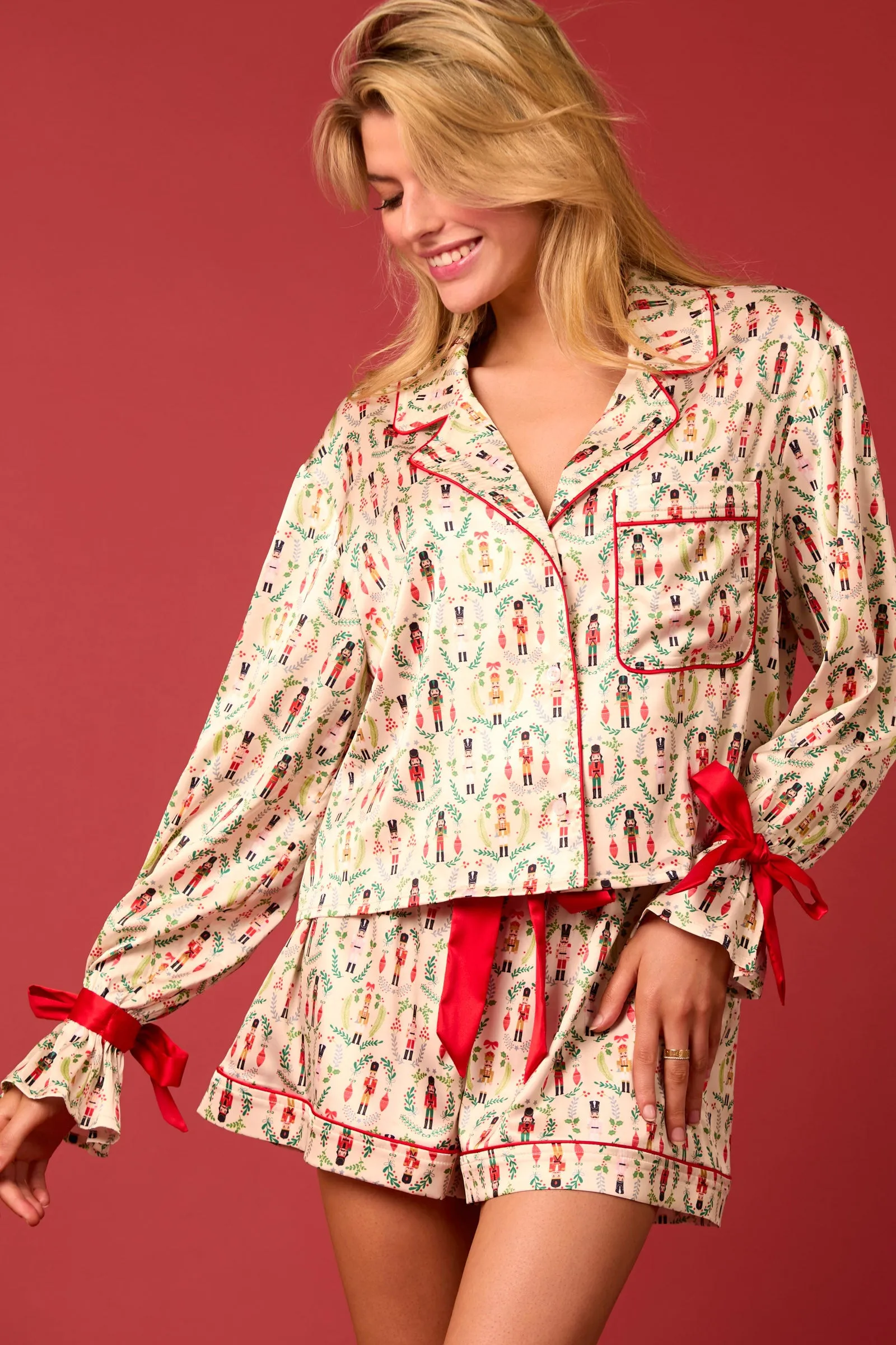 Peach Love Satin Nutcracker Red Bow Pajama Short Set