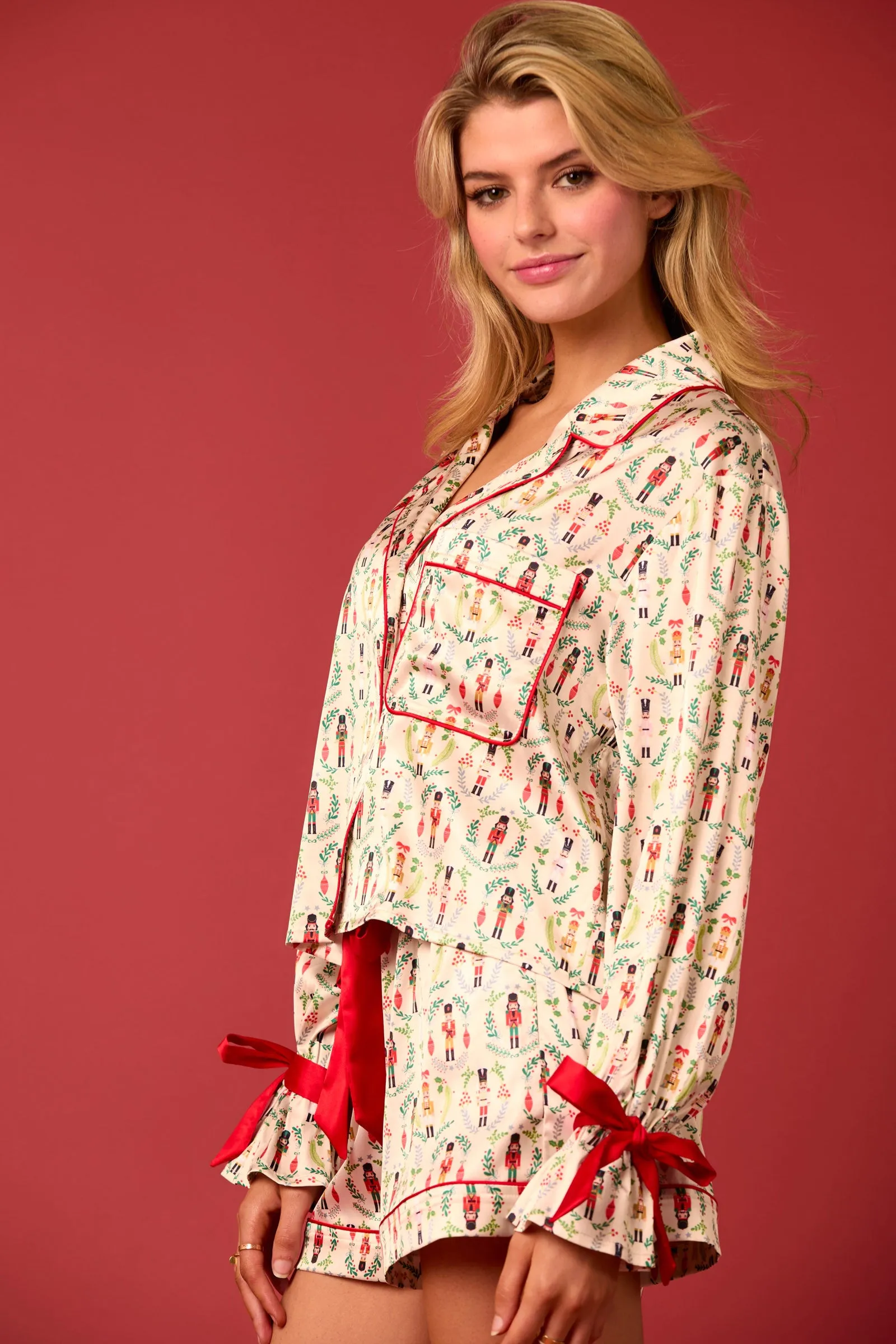 Peach Love Satin Nutcracker Red Bow Pajama Short Set
