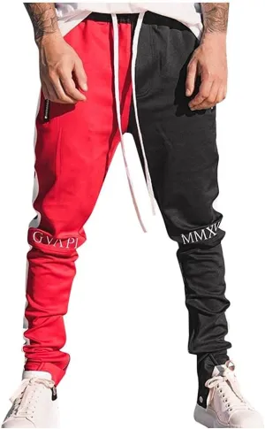 QWENTMTNTY Mens Hip Hop Dance Jogger Pants Slim Fit Zip Pockets Elastic Waist Sweatpants Fashion Constrast Patchwork Pants Red