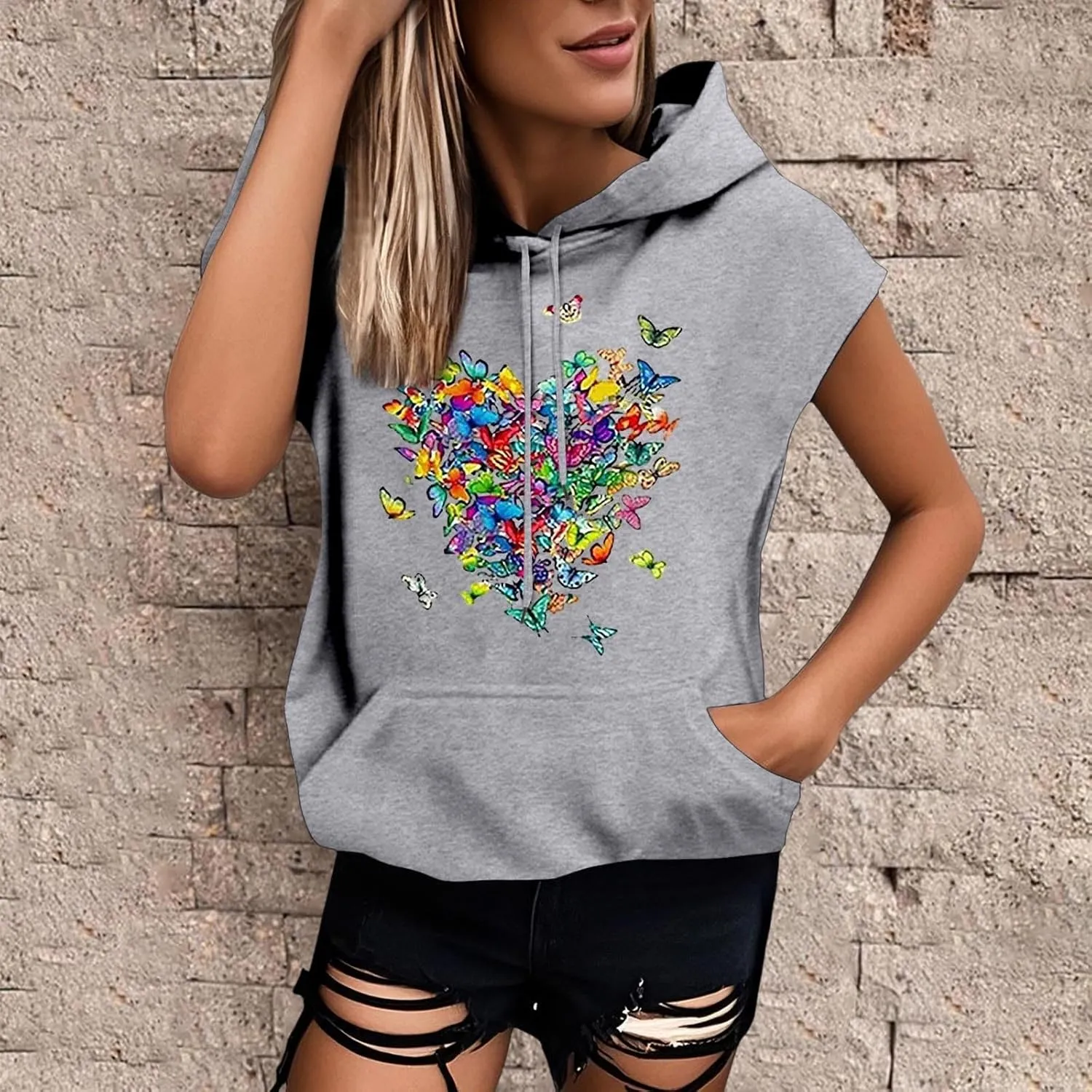 Sleeveless Hoodies for Women Plus Size Heart Print Hooded Sweatshirt Vest Loose Fit Summer Workout Athletic Tank Tops