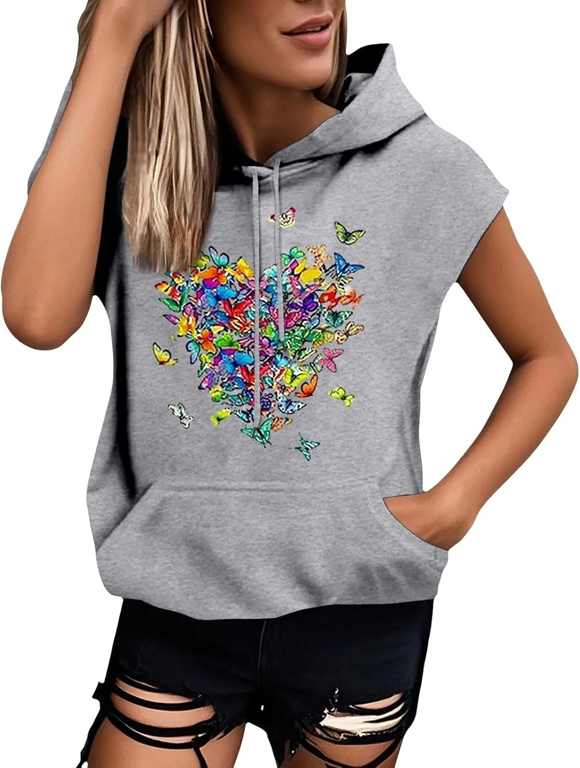 Sleeveless Hoodies for Women Plus Size Heart Print Hooded Sweatshirt Vest Loose Fit Summer Workout Athletic Tank Tops