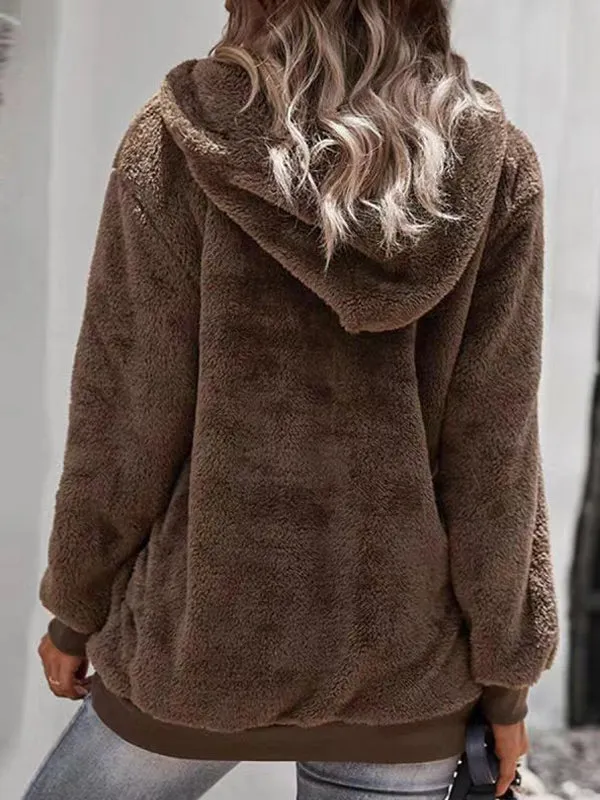 Solid Rib Knit Cuffs Drawstring Hoodie