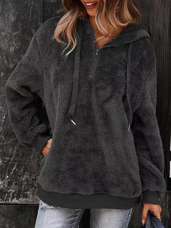 Solid Rib Knit Cuffs Drawstring Hoodie