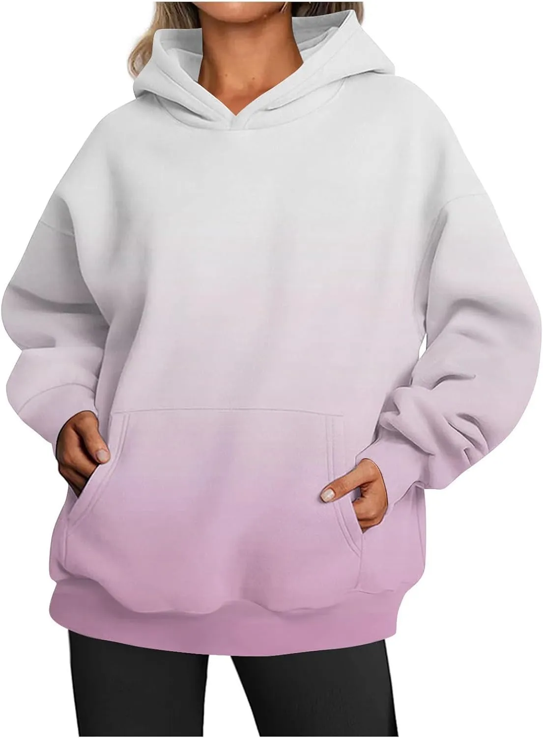 Womens Hoodies 2024 Casual Gradient Color Oversized Crew Neck Sweatshirts with Pocket Long Sleeve Fall Winter Tops
