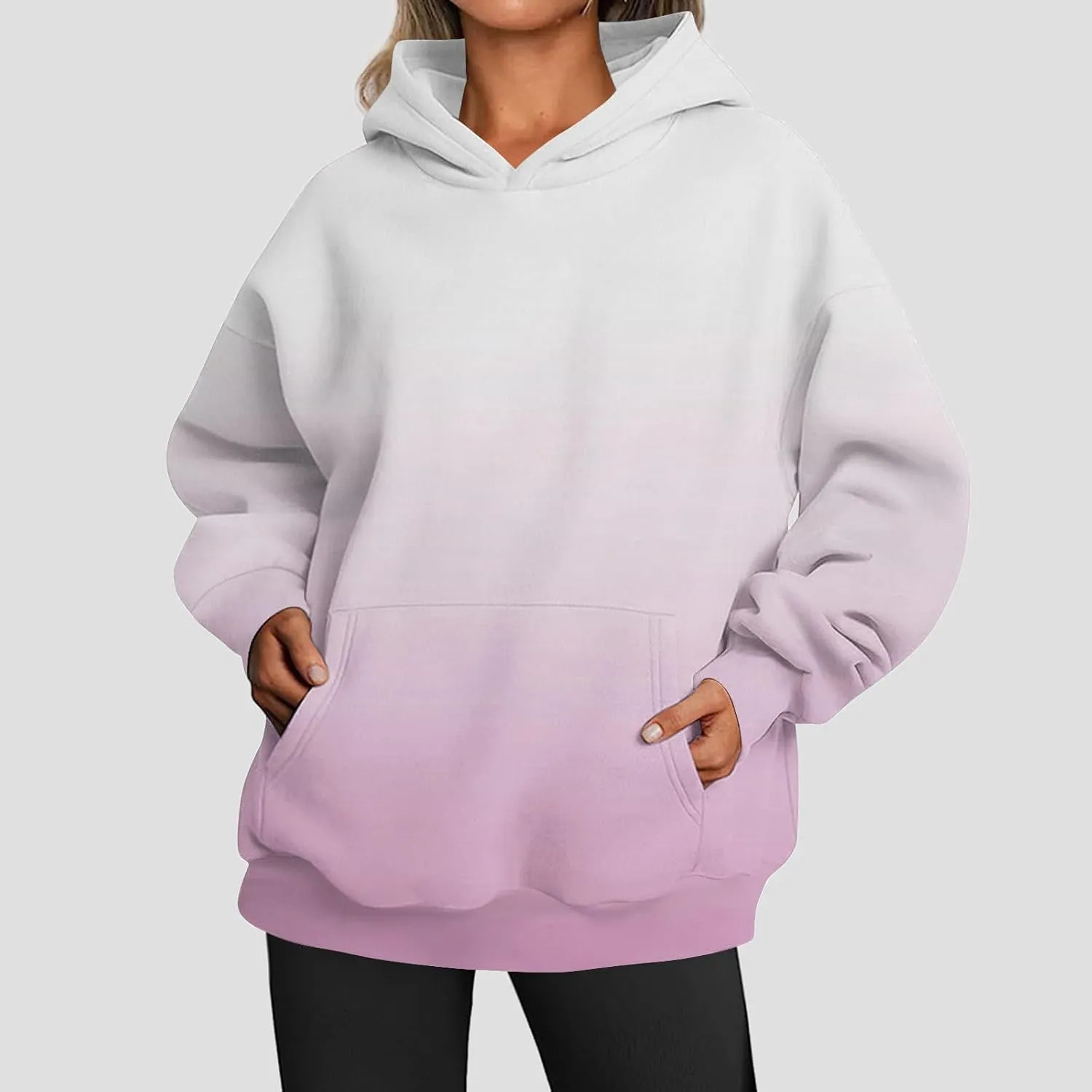 Womens Hoodies 2024 Casual Gradient Color Oversized Crew Neck Sweatshirts with Pocket Long Sleeve Fall Winter Tops