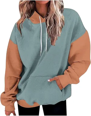 Women's Oversized Hoodies Fall Fashion Long Sleeve Hooded Sweatshirt Trendy Color Block Patchwork Y2k Pullover Tops