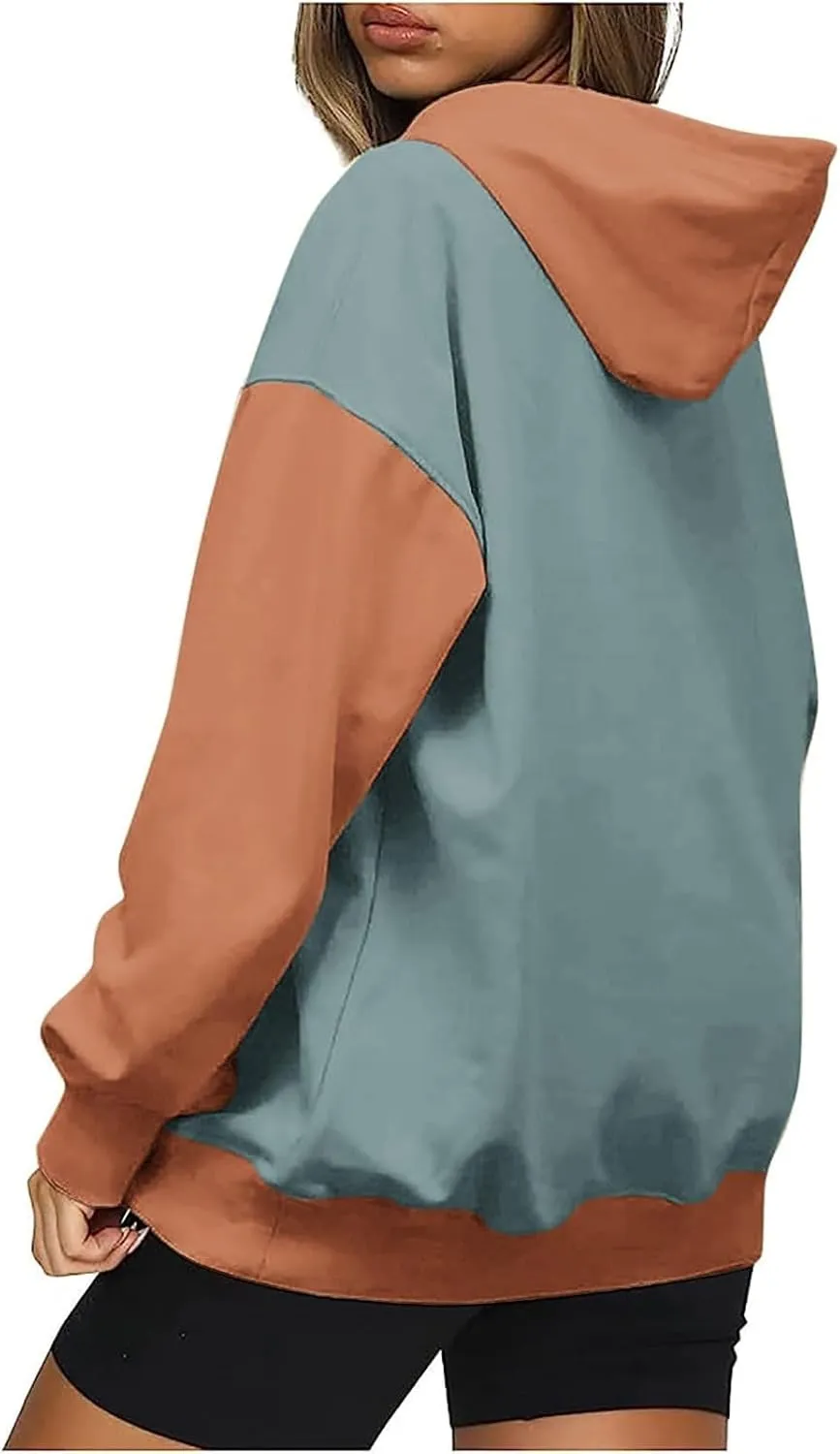 Women's Oversized Hoodies Fall Fashion Long Sleeve Hooded Sweatshirt Trendy Color Block Patchwork Y2k Pullover Tops