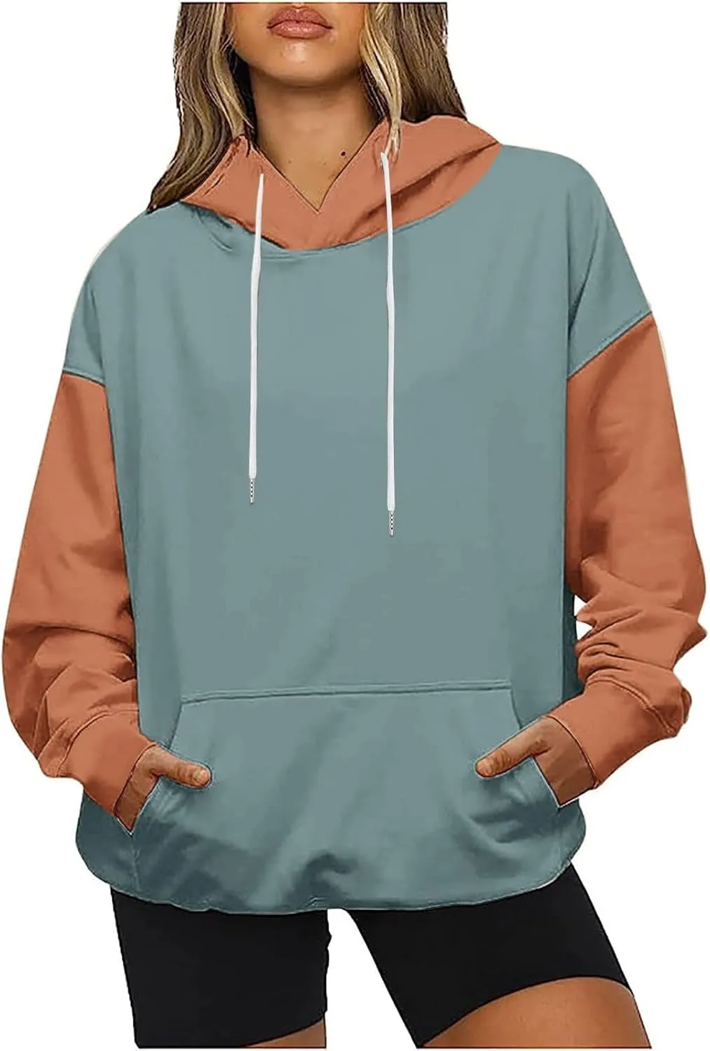 Women's Oversized Hoodies Fall Fashion Long Sleeve Hooded Sweatshirt Trendy Color Block Patchwork Y2k Pullover Tops