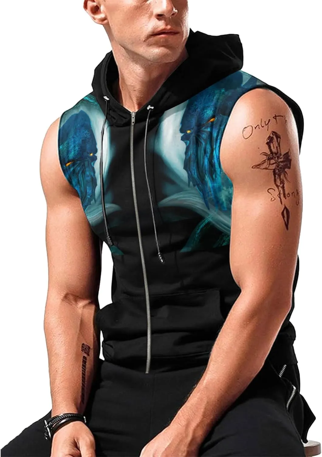 Workout Hooded Tank Tops Bodybuilding Muscle Cut Off Zip Hoodies for Men Sleeveless Gym Zip Hoodies