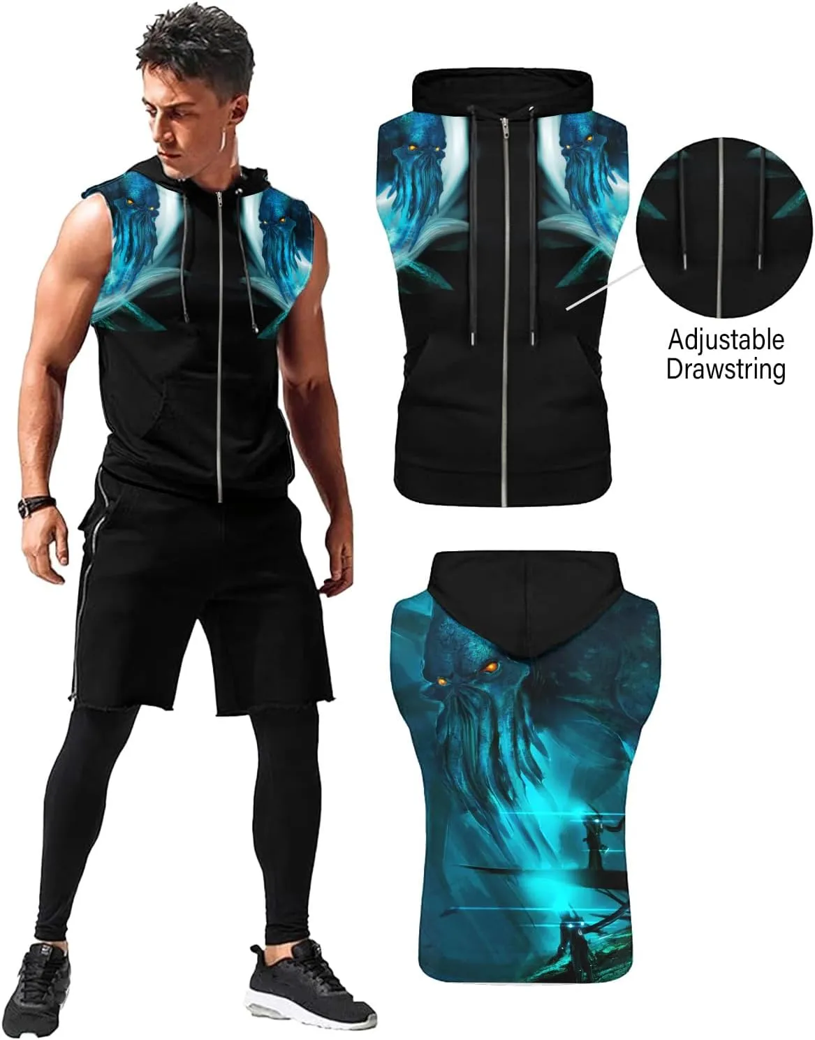 Workout Hooded Tank Tops Bodybuilding Muscle Cut Off Zip Hoodies for Men Sleeveless Gym Zip Hoodies